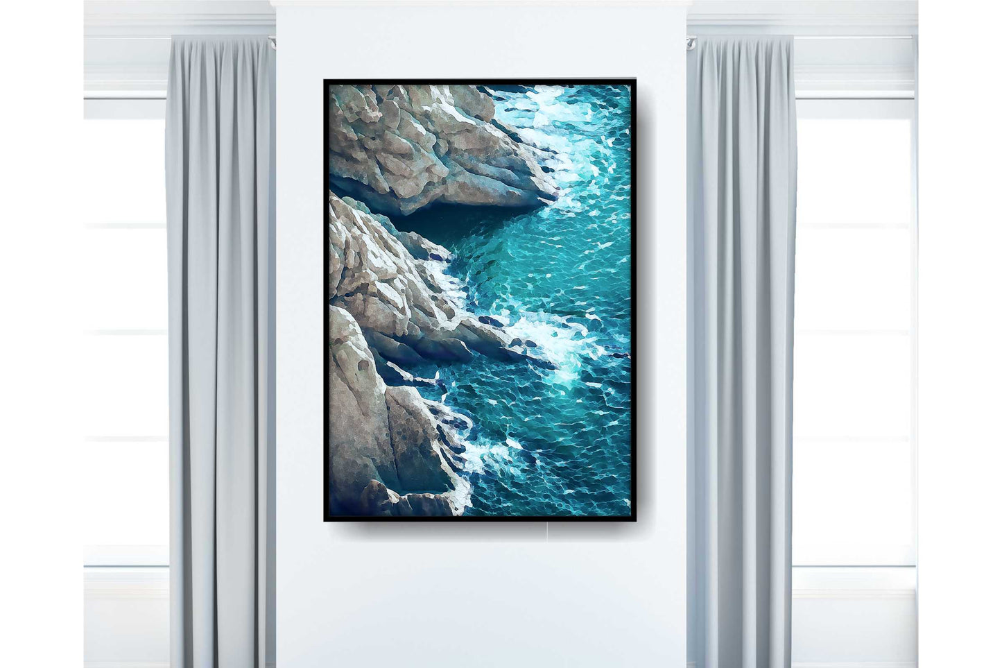 Beach Ocean Wall Art. Beach Prints. Artistic Watercolour beach print. Rocky seaside. Size A4. #0206