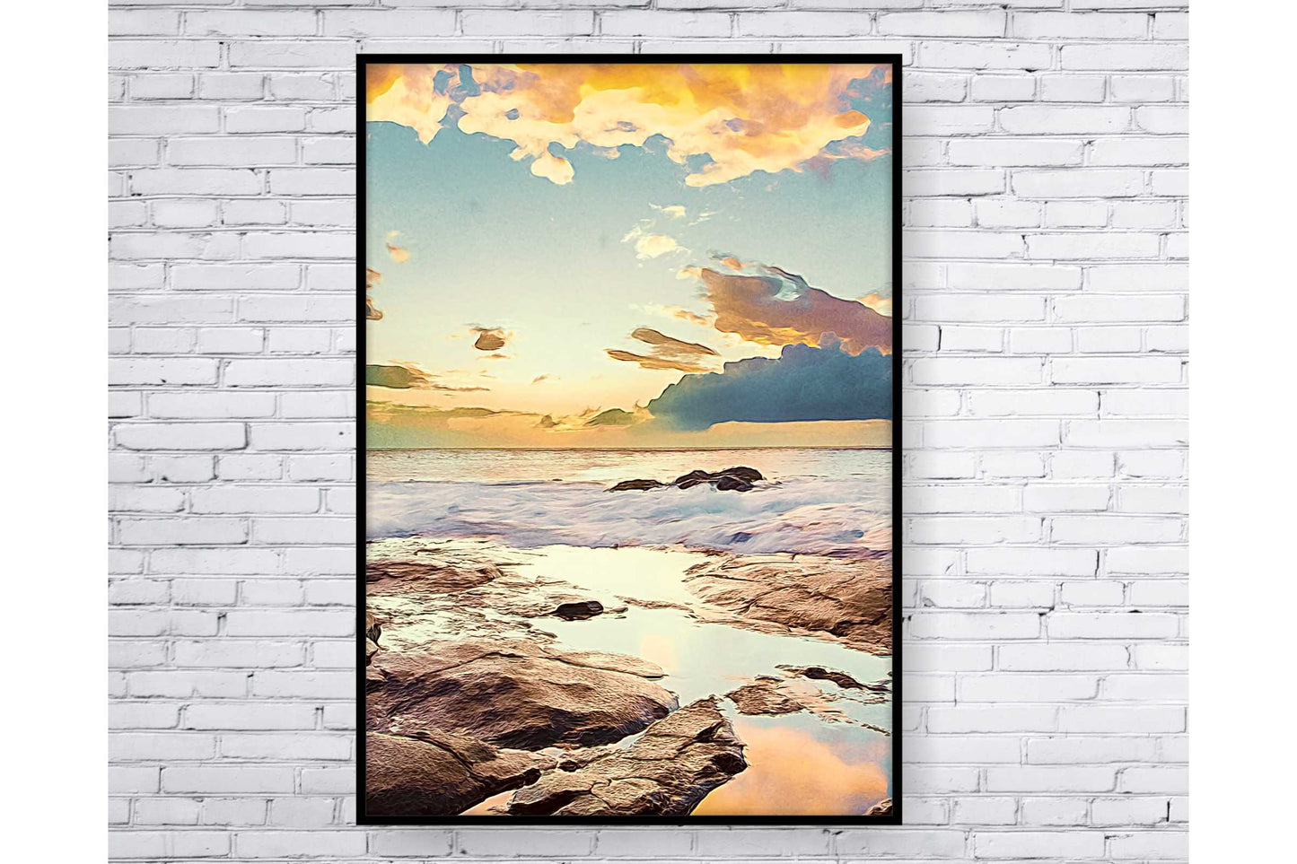 Set of 3 prints. Beach Ocean Wall Art. Watercolor Beach Prints.  Sunset over the rocky shore. Ocean Prints. Size A4. #0215