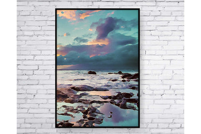 Set of 3 prints. Beach Ocean Wall Art. Watercolor Beach Prints.  Sunset over the rocky shore. Ocean Prints. Size A4. #0215