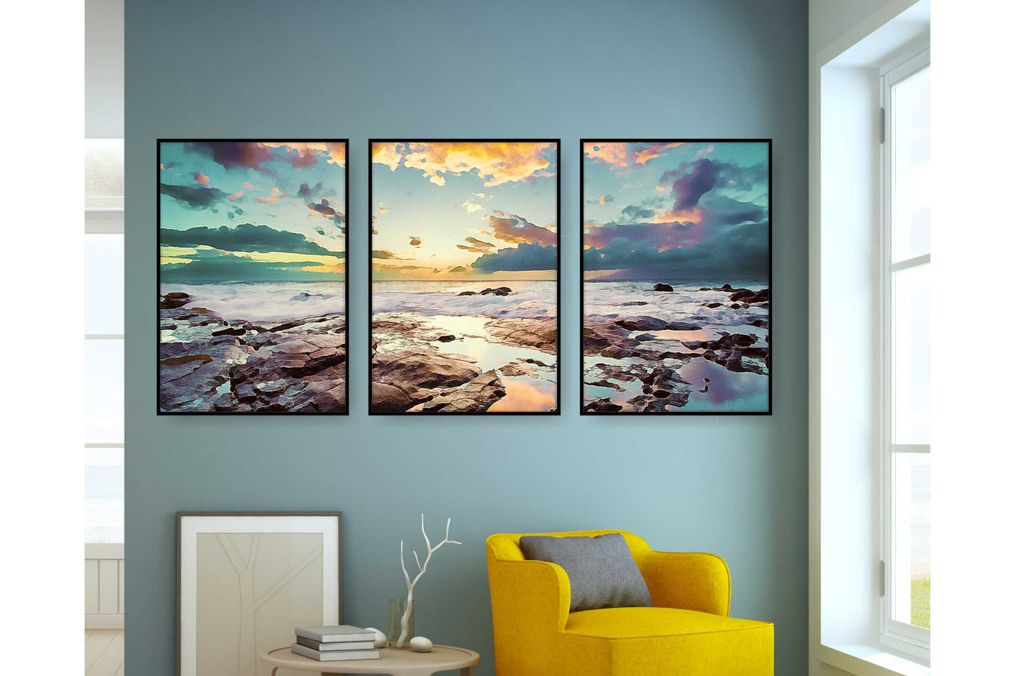 Set of 3 prints. Beach Ocean Wall Art. Watercolor Beach Prints.  Sunset over the rocky shore. Ocean Prints. Size A4. #0215