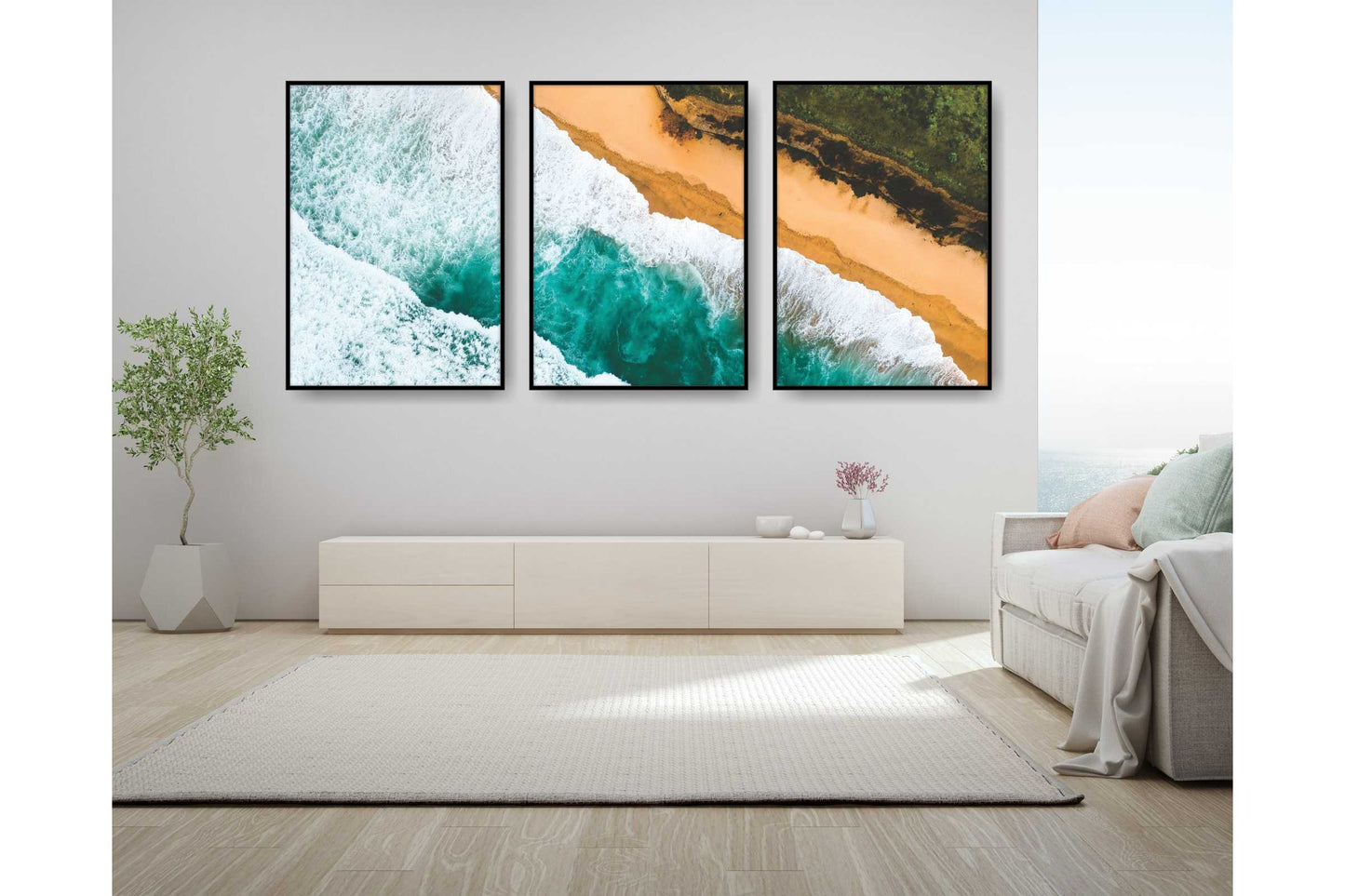 Set of 3 prints. Beach Ocean Wall Art. Watercolor Beach Prints. Waves splashing the sandy beach. Size A4. #0230