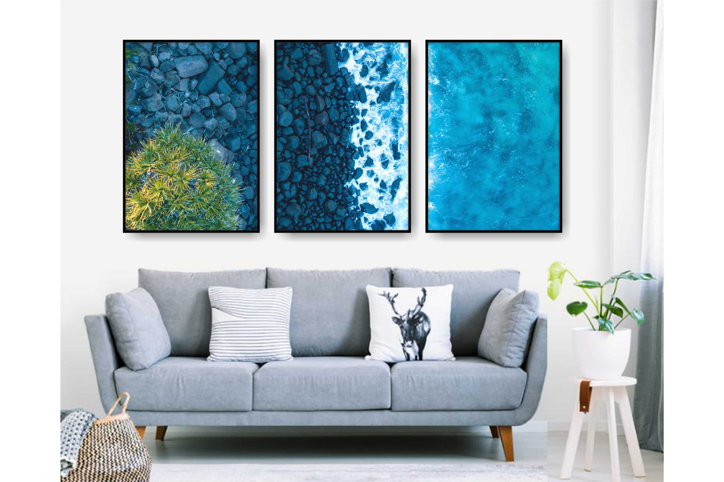 Set of 3 prints. Beach Ocean Wall Art. Watercolor Beach Prints. Rocky ocean beach. Size A4. #0237