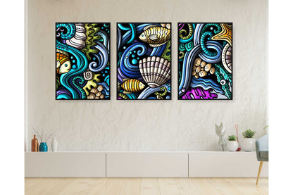 Set of 3 prints A4 size. Beach Ocean Wall Art.Watercolour underwater Ocean Prints. #0272