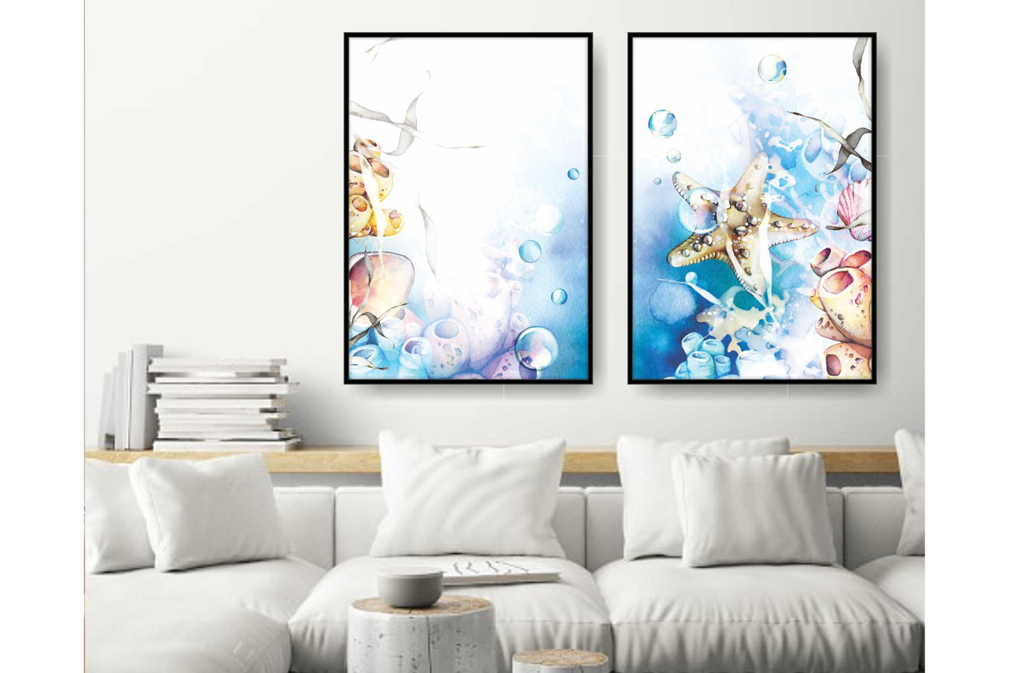 Set of 2 prints A4 size. Beach Ocean Wall Art. Watercolour underwater Ocean Prints. #0274