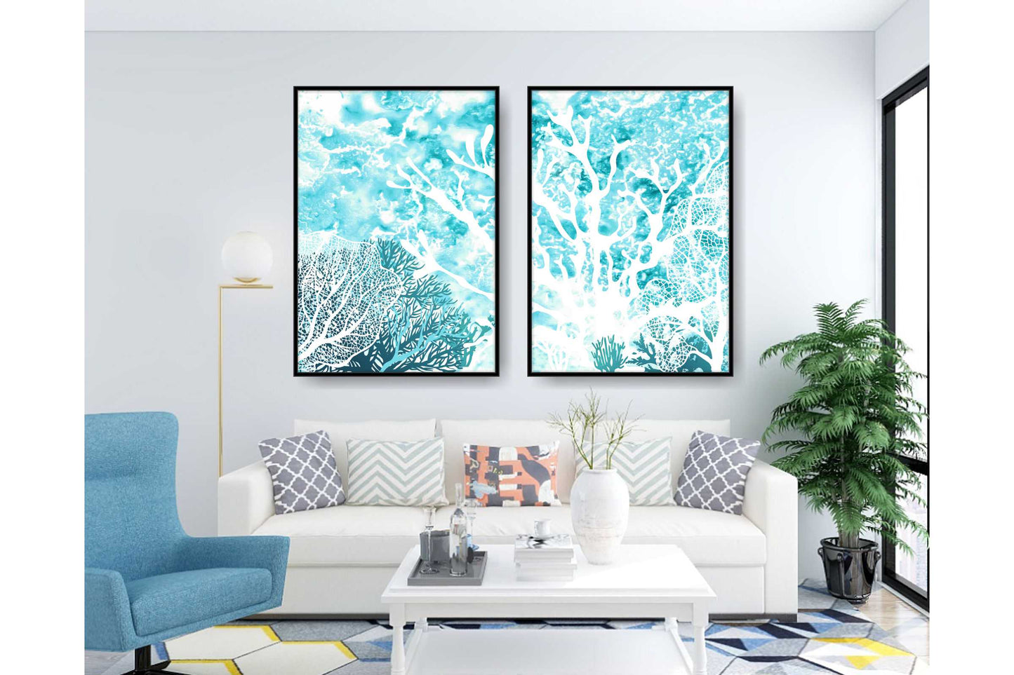 Set of 2 prints A4 Size. Beach Ocean Wall Art. Watercolour coral Prints.  #0275