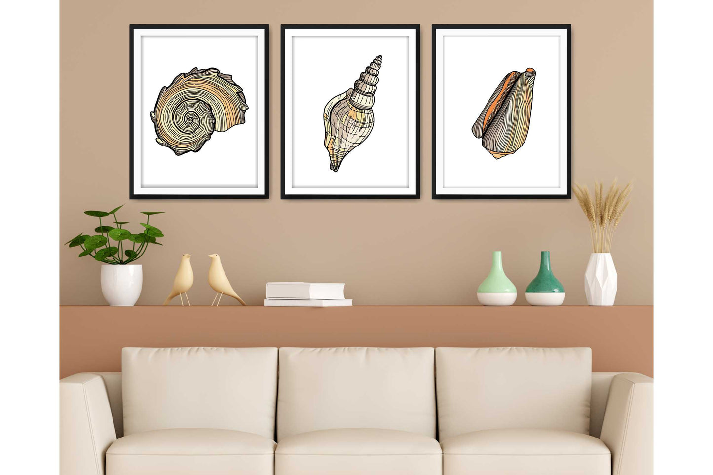 Set of 3 prints. Beach Ocean Wall Art. Sea shells drawings. Size A4. #0251