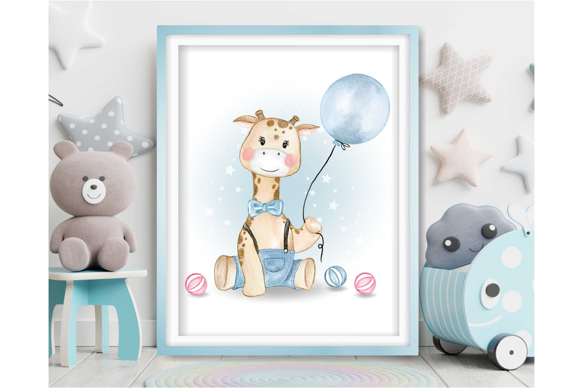 Wall Art Print for Boys Room. Cartoon Giraffe with baloon.