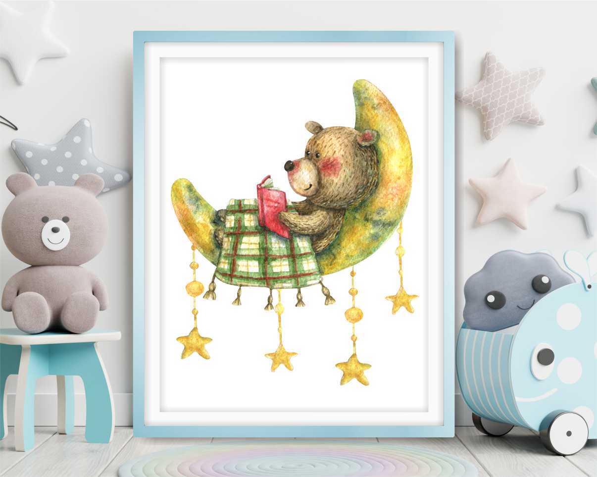 Wall Art Print for Boys Room. Tedy Bear reading a book.