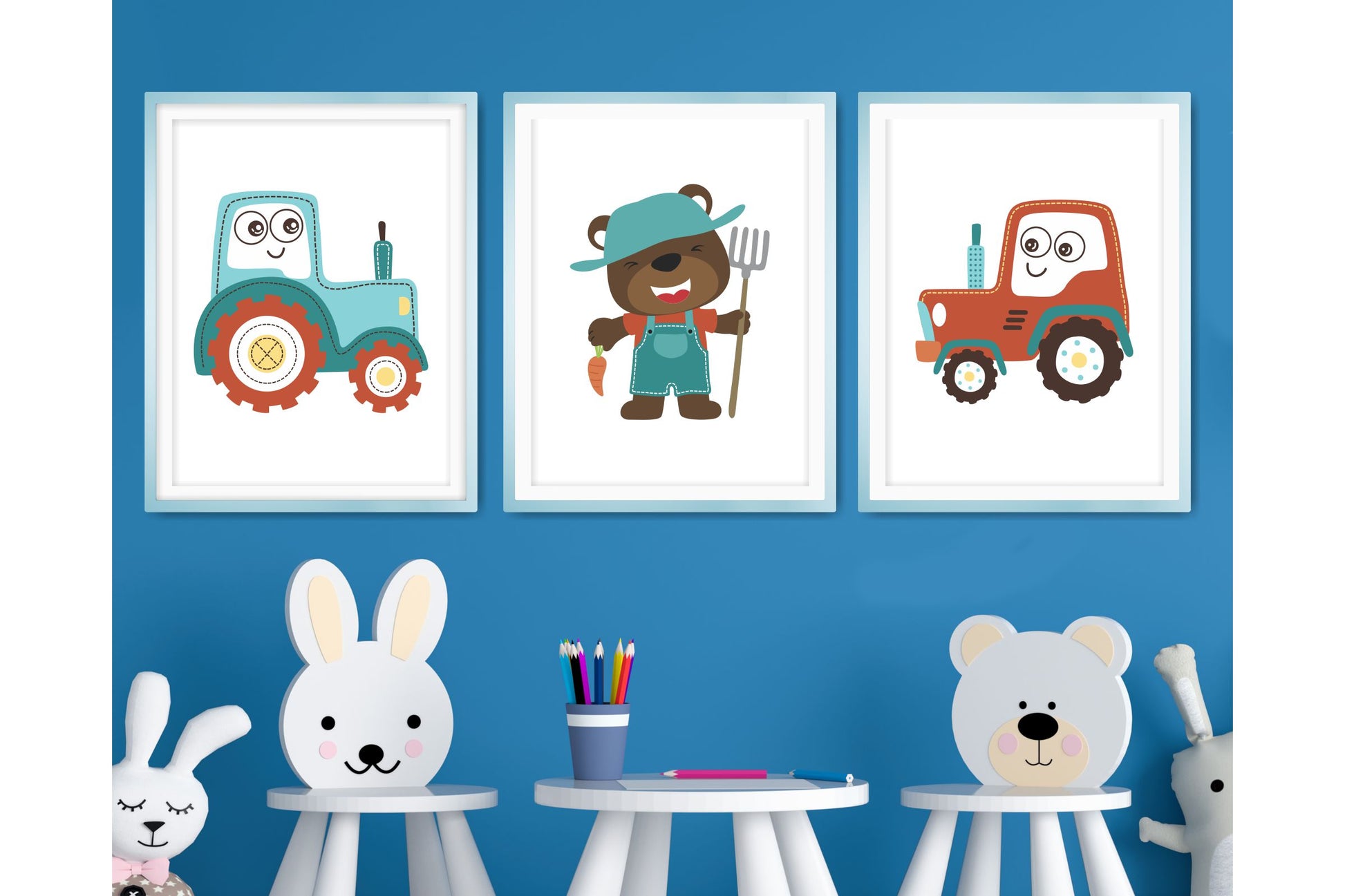 Wall Art Print for Boys Room. Cartoon Farm life with tractors.