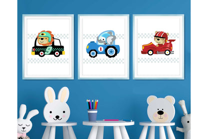 Wall Art Print for Boys Room. Cartoon Racing Cars.