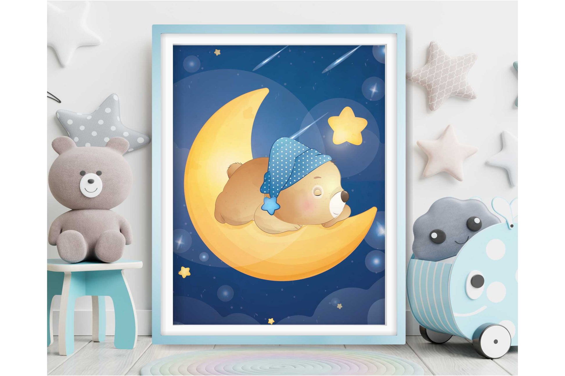 Wall Art Print for Boys Room. Sleepy Teddy Bear. Night Sky.