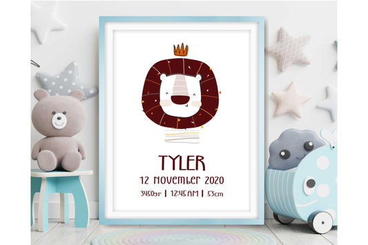 Personalized Wall Art Prints For Boys Room. Print with Lion. Size A4 #110