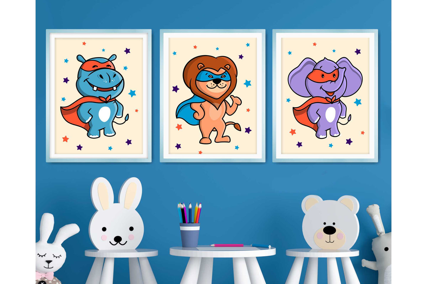 Wall Art Print for Boys Room Super Hero Cartoon Animals