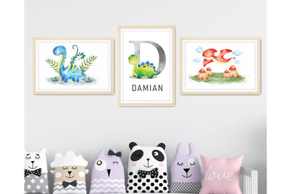 Personalized Prints for Boys Room. Dino Cartoon Alphabet.