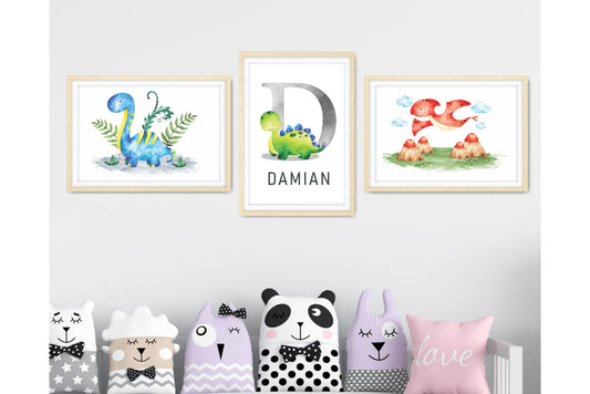 Personalized Prints for Boys Room. Dino Cartoon Alphabet.