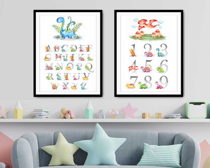 Prints for Boys Room. Cartoon Dino alphabet and numbers.