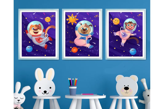 Wall Art Prints For Boys Room. Cartoon animals in space