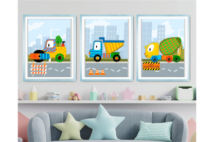 Wall Art Prints For Boys Room. Funny Colourfull Cartoon Trucks