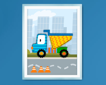 Wall Art Prints For Boys Room. Funny Colourfull Cartoon Trucks