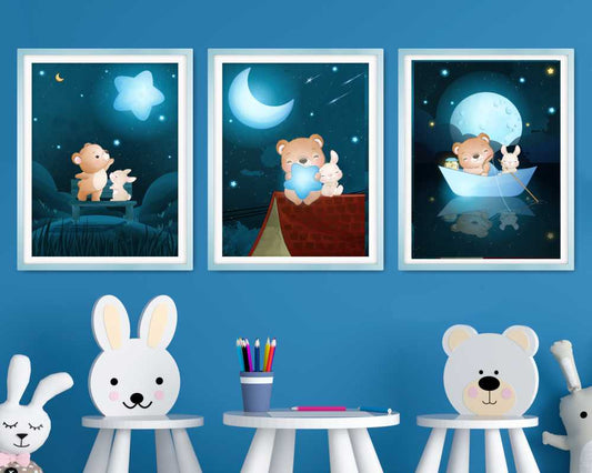 Wall Art Prints For Boys Room. Quiet Night sky with Baby Taddy Bear and Bunny.