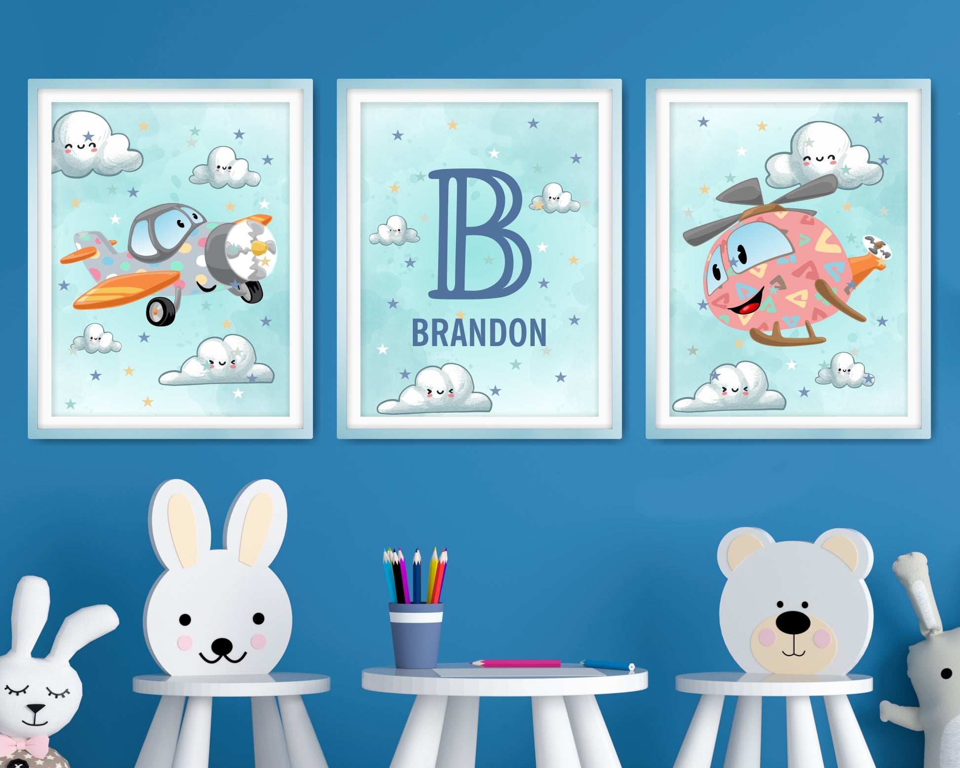 Wall Art Prints For Boys Room. Personalized cartoon Set of three prints. Caroon airplane and helicopter.