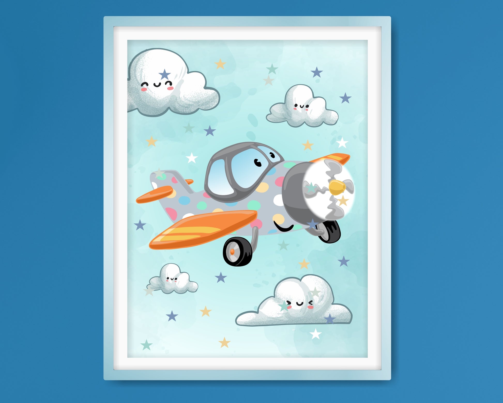 Wall Art Prints For Boys Room. Personalized cartoon Set of three prints. Caroon airplane.