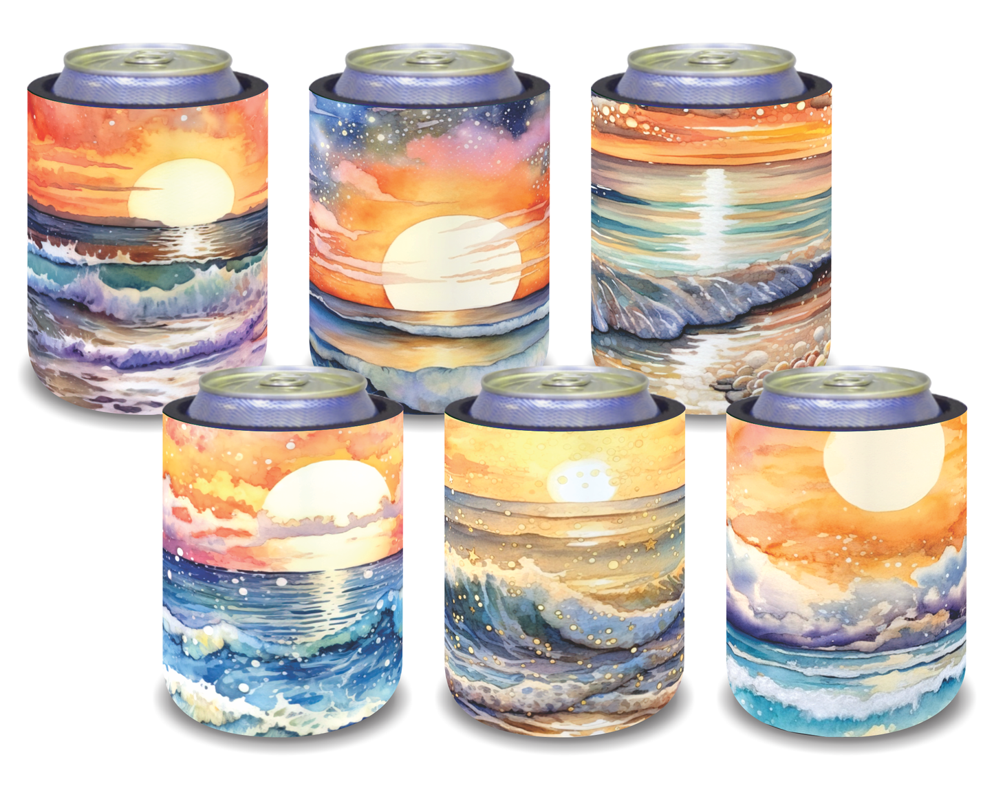 Stubby Holders for home. Set of 6. Full colour stubby holders. Sunset on the beach. #071