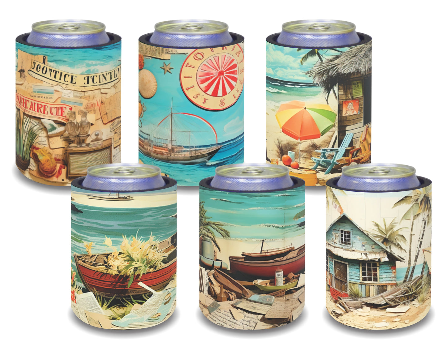 Stubby Holders for home. Set of 6. Full colour stubby holders. Retro Beach Scene. #041