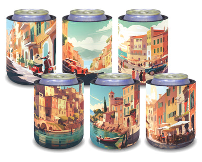 Stubby Holders for home. Set of 6. Full colour stubby holders. Vintage Mediteranian coastal vilage. #109