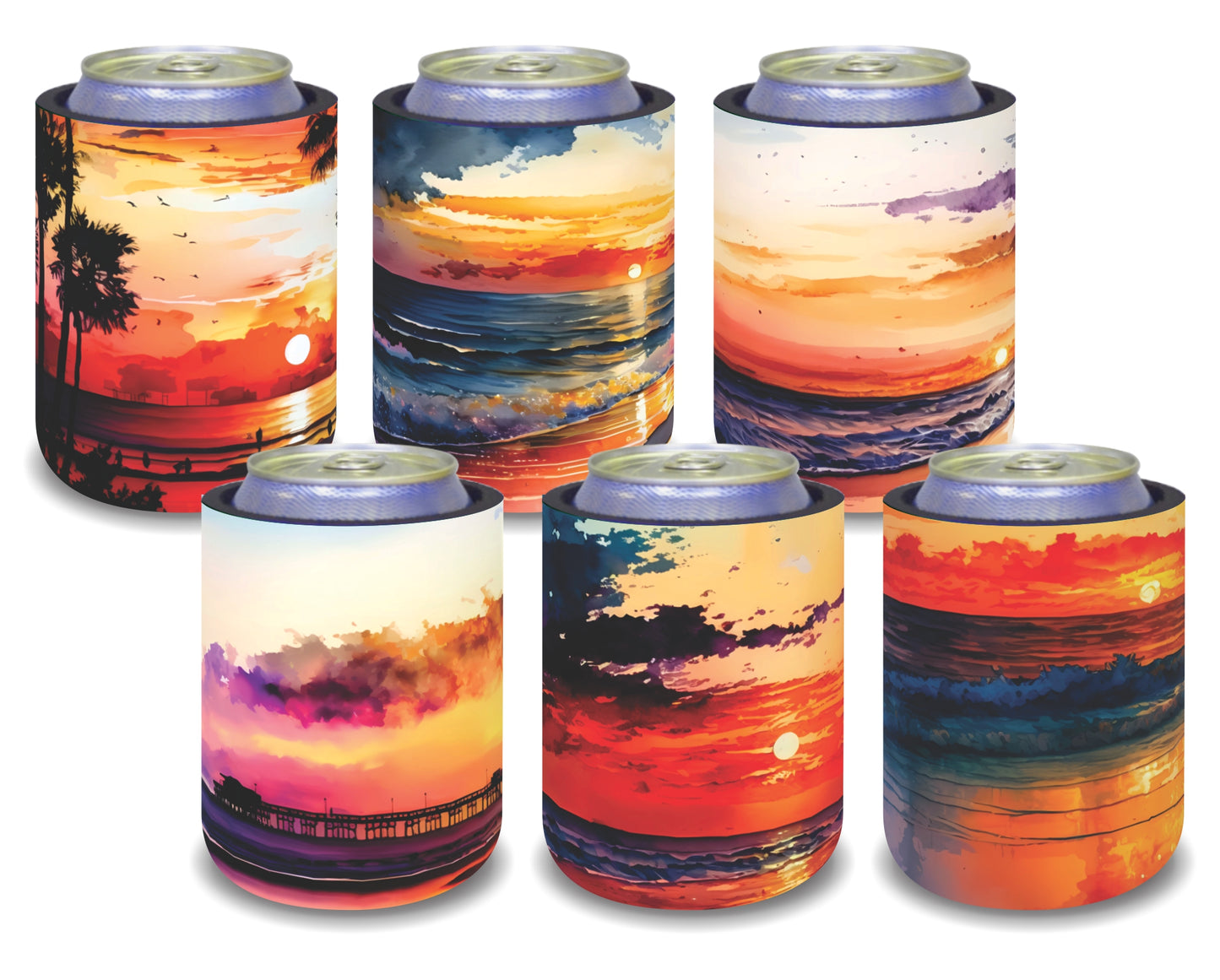 Stubby Holders for home. Set of 6. Full colour stubby holders. Sunset on the beach. #099