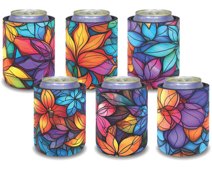 Stubby Holders for home. Set of 6. Full colour stubby holders. Stained Glass Colourfull Florals.