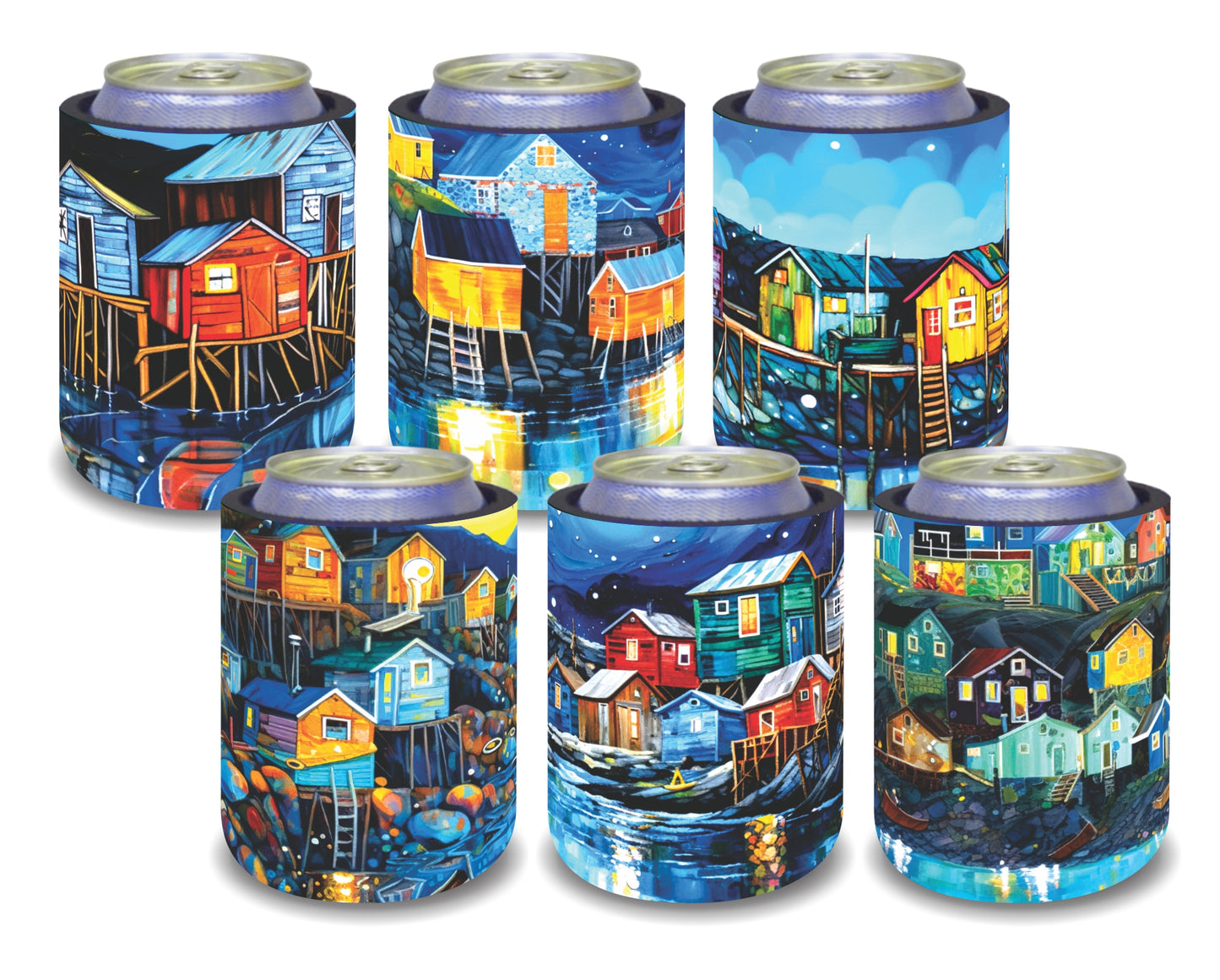 Stubby Holders for home. Set of 6. Full colour stubby holders. Beach vilage. #100