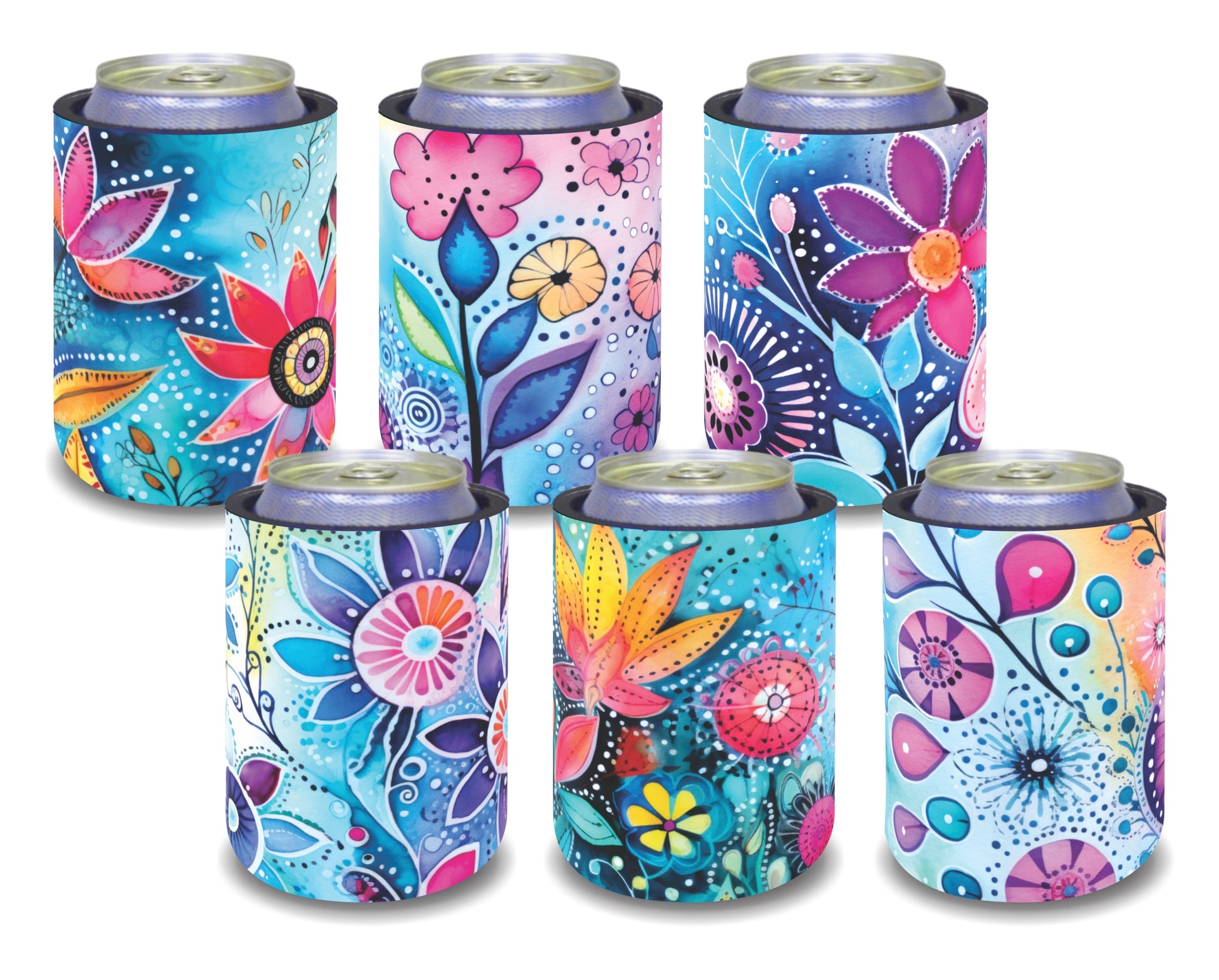 Stubby Holders for home. Set of 6. Full colour stubby holders. Colourfull Floral designs.