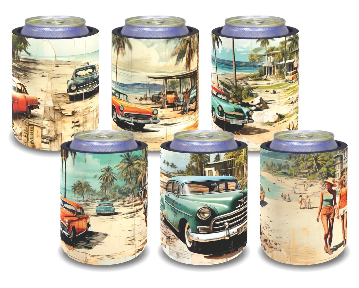 Stubby Holders for home. Set of 6. Full colour stubby holders. Retro beach designs. #094