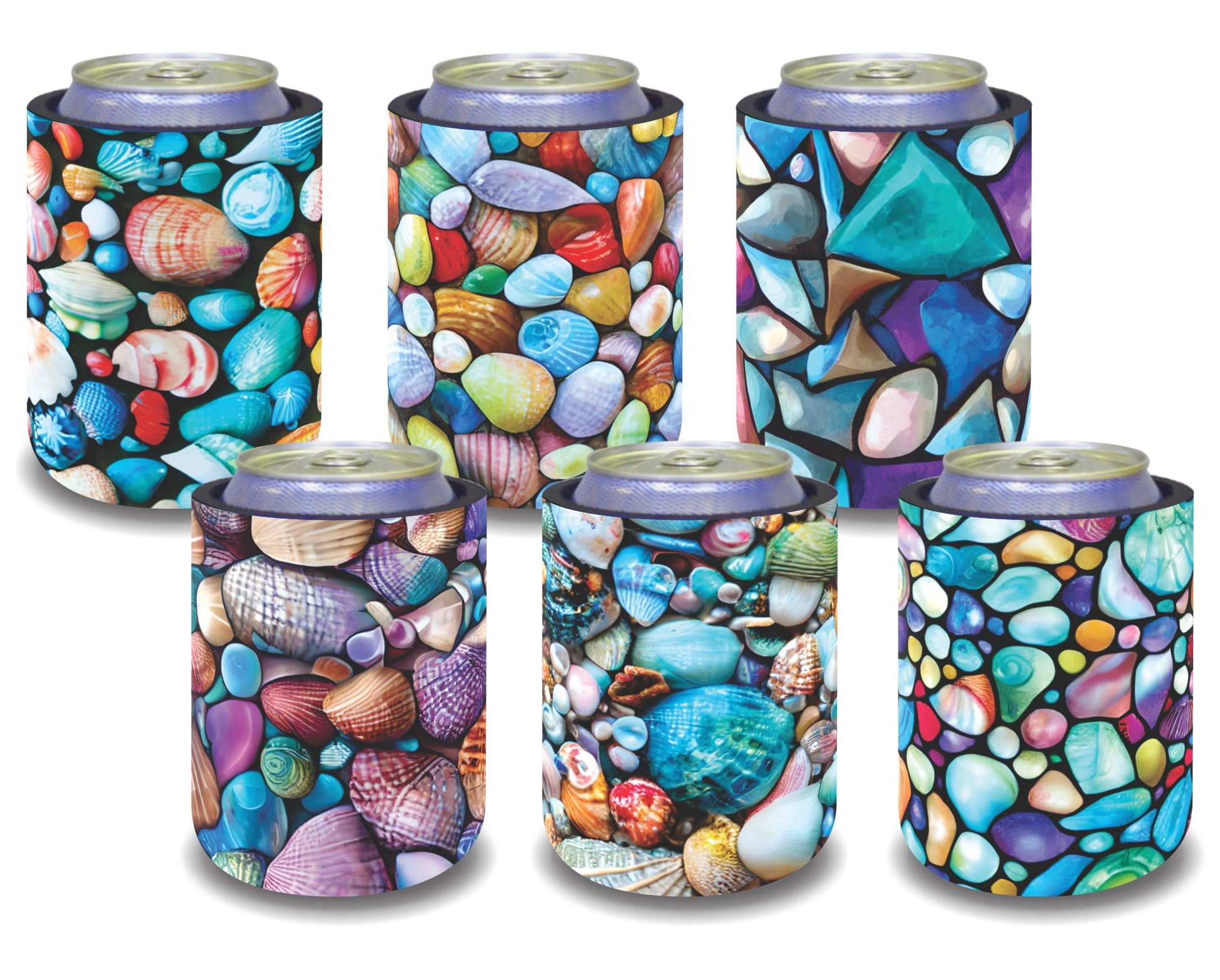 Stubby Holders for home. Set of 6. Full colour stubby holders. Colourfull Beach Pebbles.