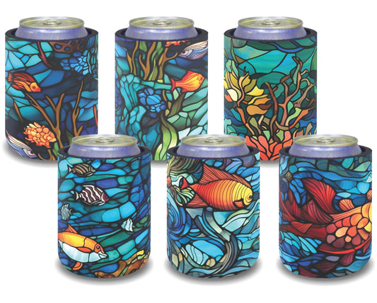 Stubby Holders for home. Set of 6. Full colour stubby holders. Stained Glass Under the sea.