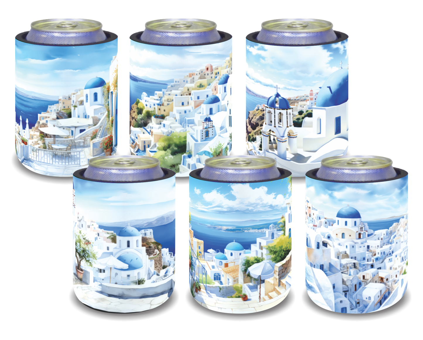 Stubby Holders for home. Set of 6. Full colour stubby holders. Santorini. #108