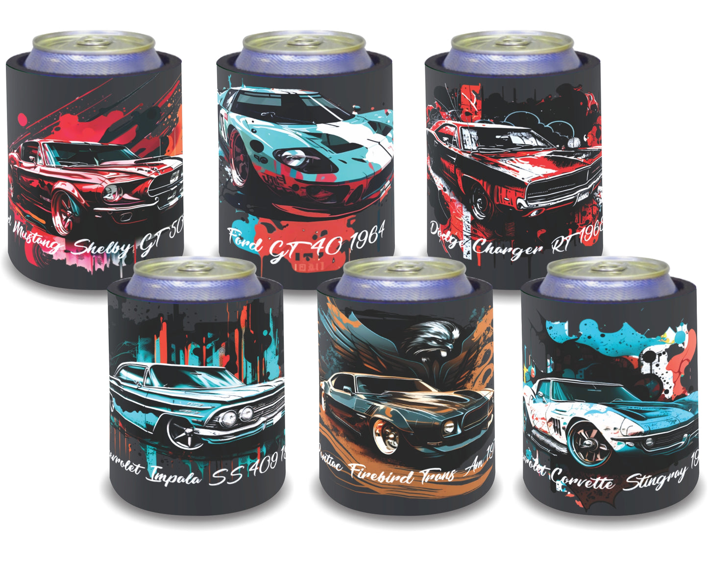 Stubby Holders for home. Set of 6. Full colour stubby holders. Iconic muscle cars. #096