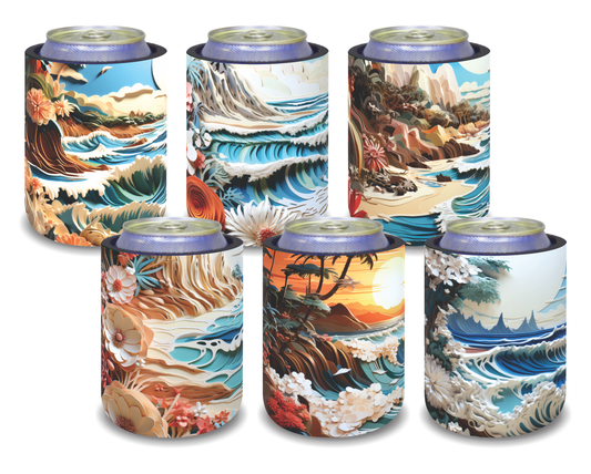 Stubby Holders for home. Set of 6. Full colour stubby holders. 3D AI beach images . #073