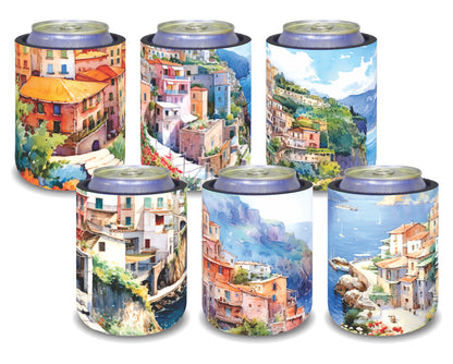 #101 Stubby Holders for home. Set of 2. Full colour stubby holders. Mediterranean coastal village.