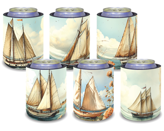 Stubby Holders for home. Set of 6. Full colour stubby holders. Sailboats. #066