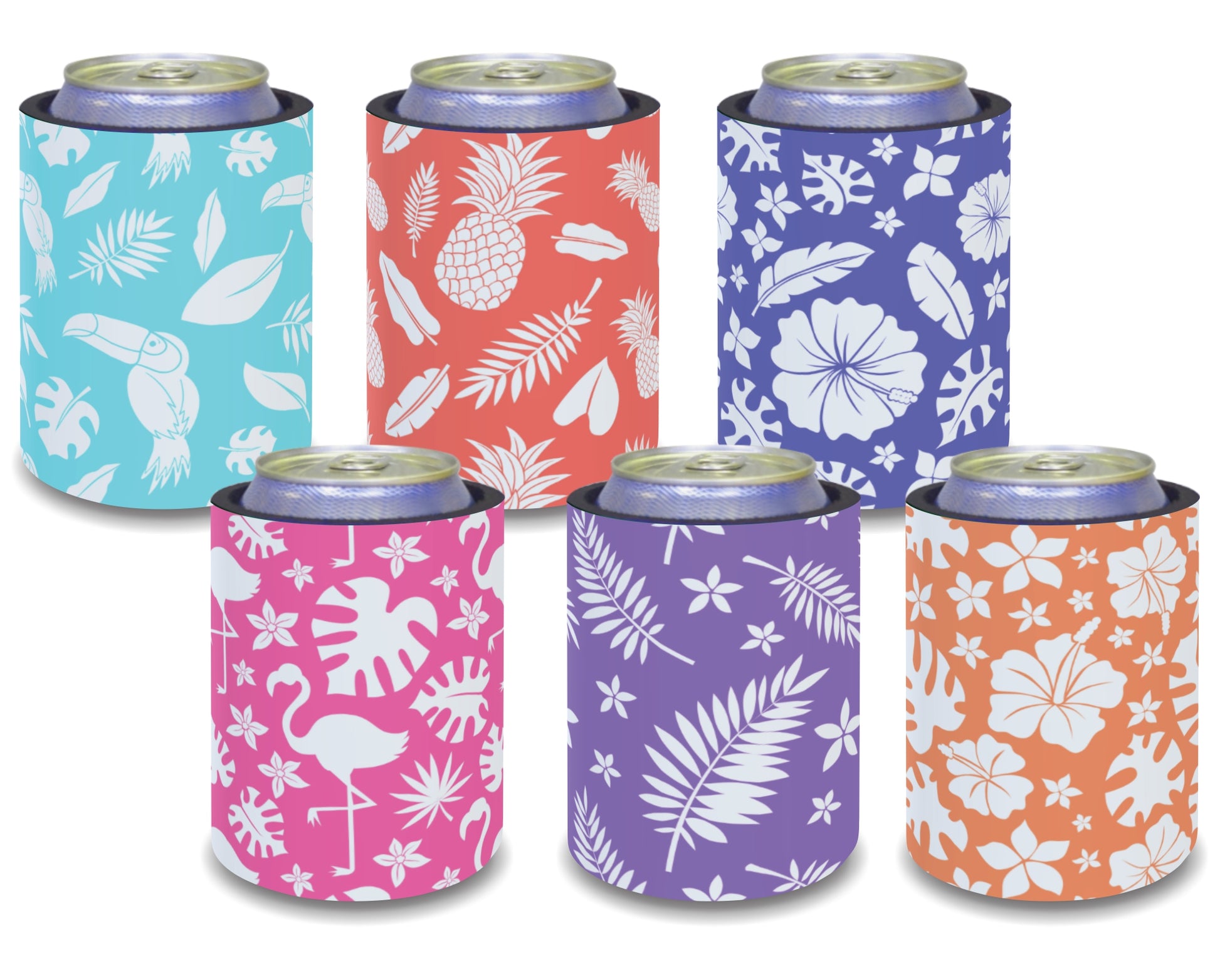 Stubby Holders for home. Set of 6. Full colour stubby holders. Colourfull Tropical Theme. 