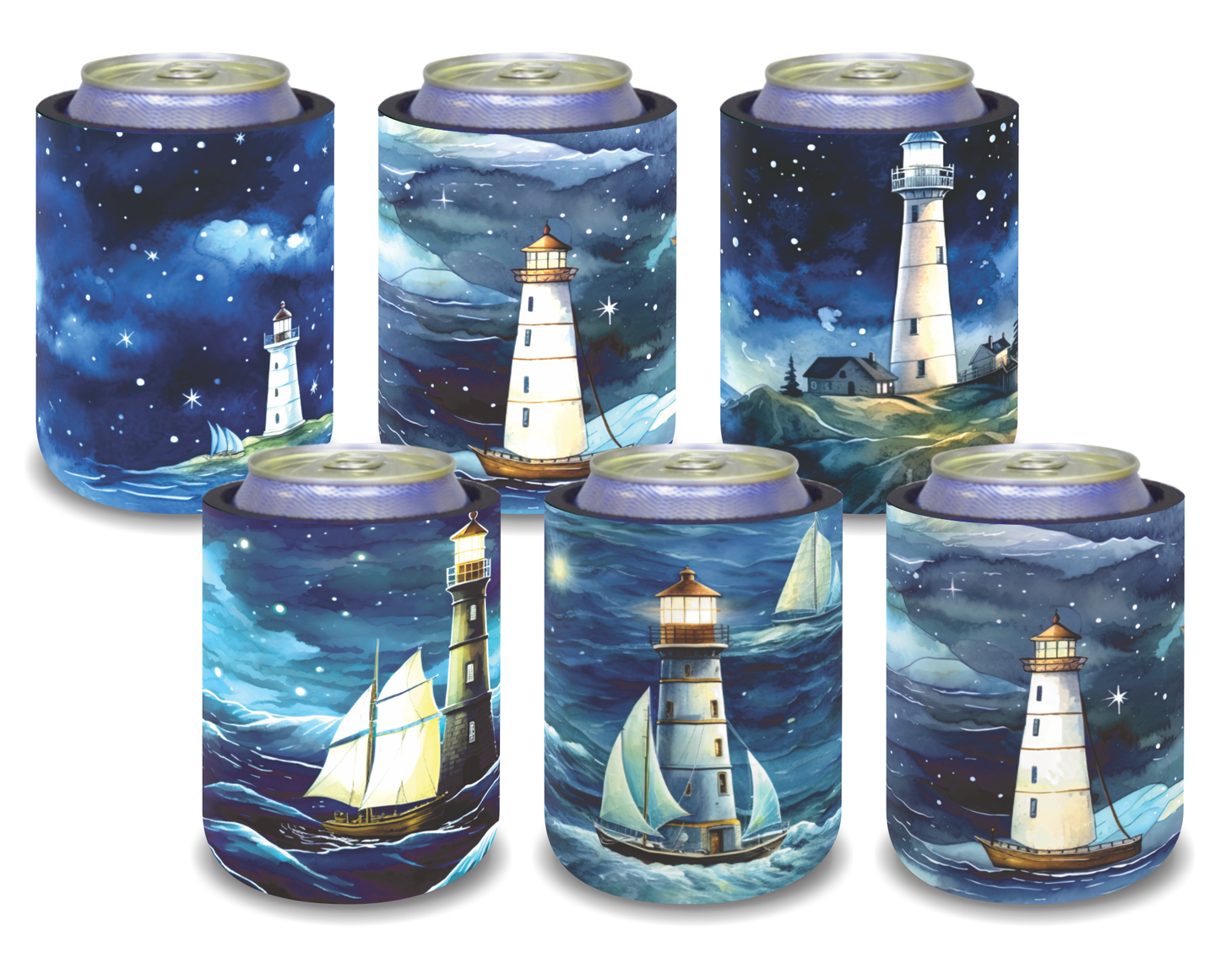 Stubby Holders for home. Set of 6. Full colour stubby holders. Night scene with light house. #104