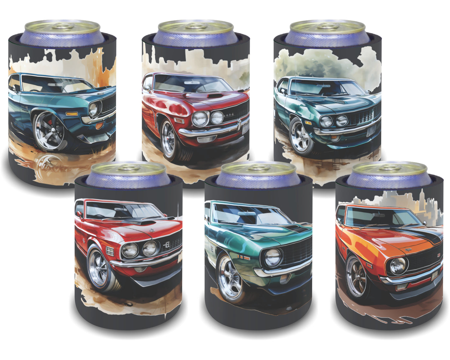 Stubby Holders for home. Set of 6. Full colour stubby holders. Muscle cars. #043