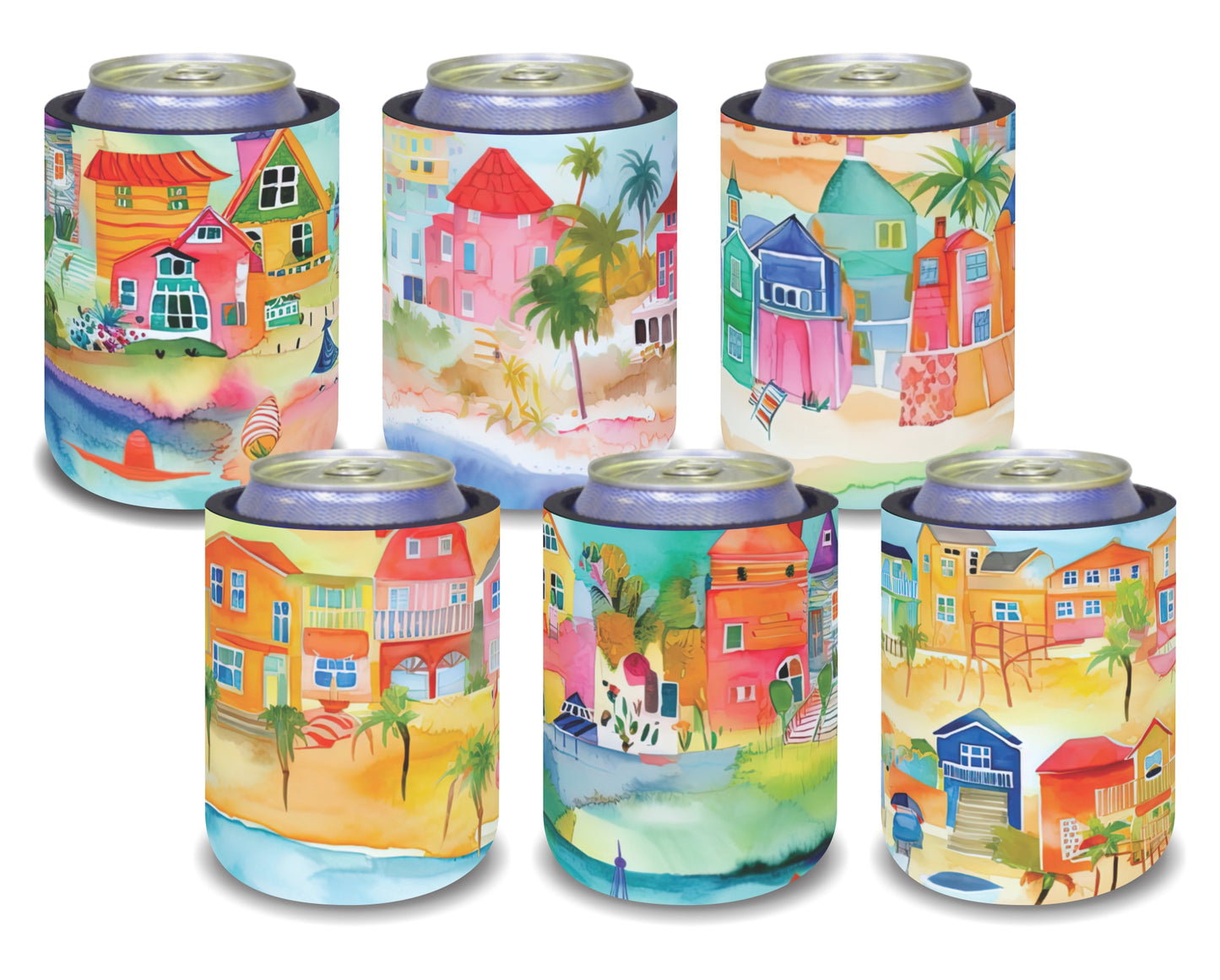 Stubby Holders for home. Set of 6. Full colour stubby holders. Cartoon beach vilage. #098