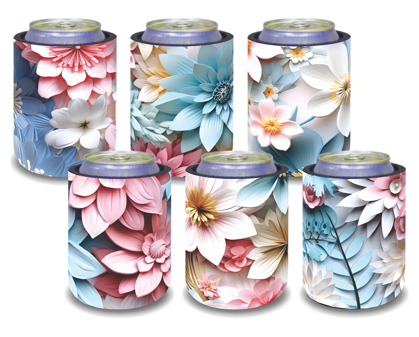 Stubby Holders for home. Set of 6. Full colour stubby holders. 3D AI floral designs . #075