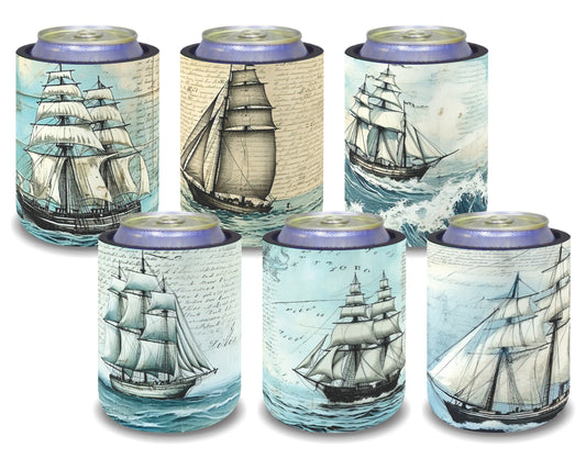 Stubby Holders for home. Set of 6. Full colour stubby holders. Vintage sail ships. #089