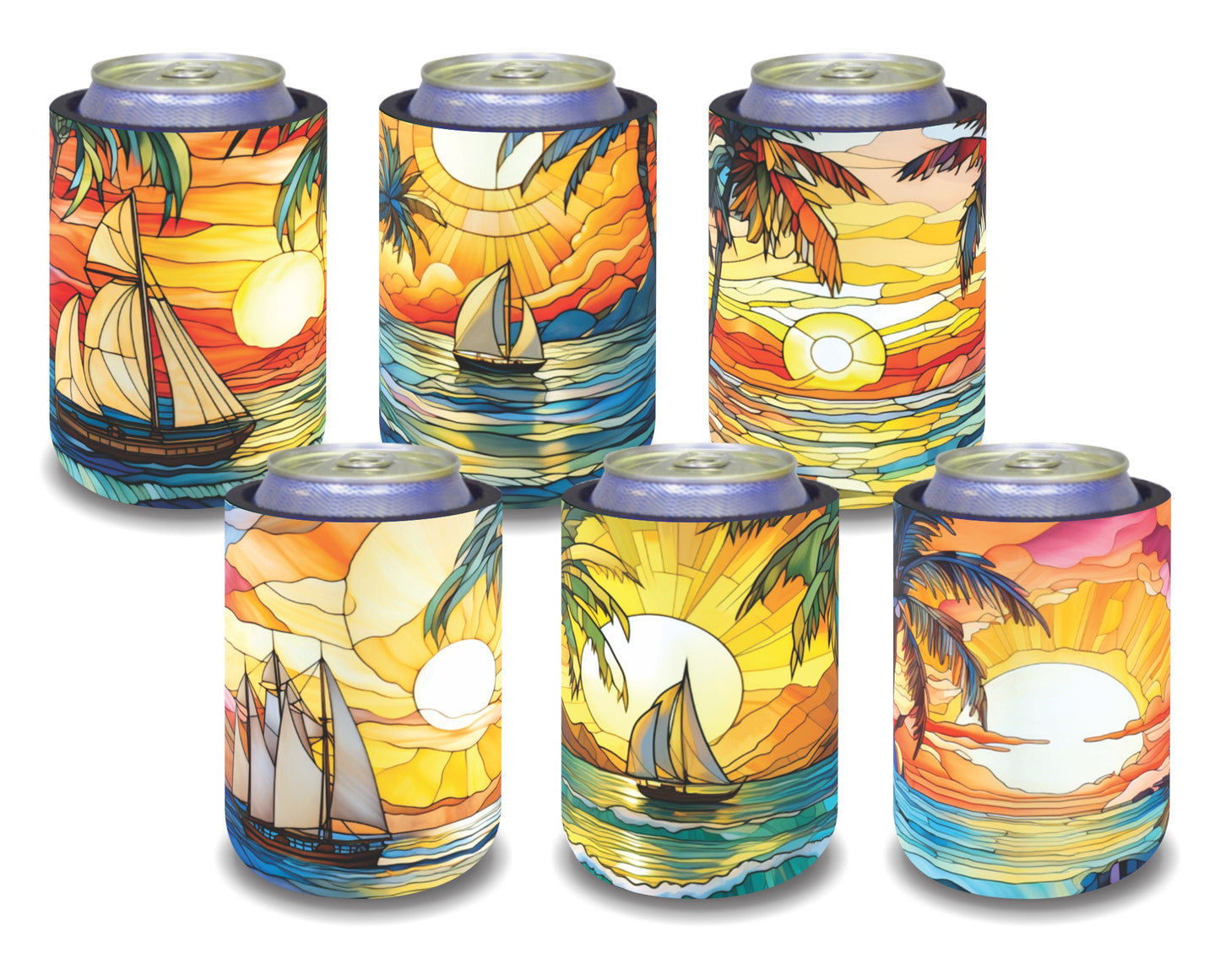 Stubby Holders for home. Set of 6. Full colour stubby holders. Sunset across the horizon. Vintage stained glass.