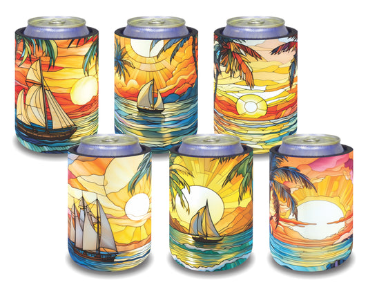 Stubby Holders for home. Set of 6. Full colour stubby holders. Sunset across the horizon. Vintage stained glass.