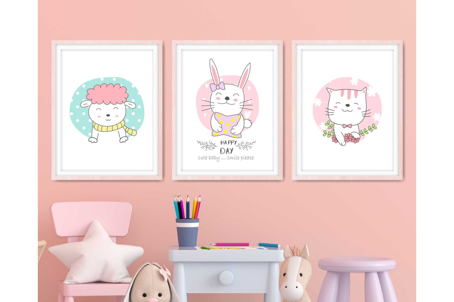 Wall Art for Girls Room. Cartoon Baby Animals. Set of 3 A4 prints. #001